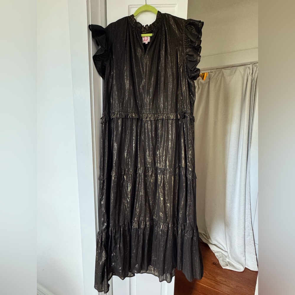 Victoria Dunn Black and Gold ruffle Sleeve V-Neck Maxi dress